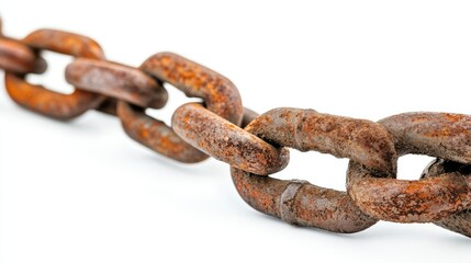 Obraz premium Detailed close-up of rusty chain links against a bright white background, showcasing the rough texture and aged appearance of each link.