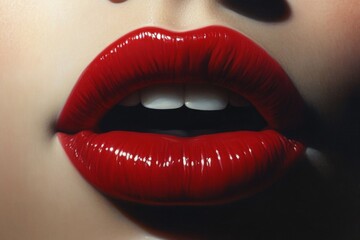 Fototapeta premium Woman showing red lipstick and white teeth while opening mouth