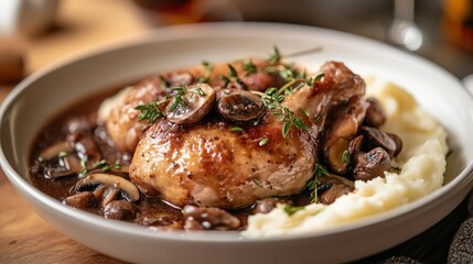 Fototapeta premium A delicious serving of Coq au Vin, a classic French dish.