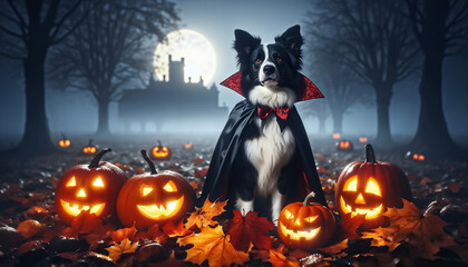 Black-and-White Dog in Vampire Cape Standing on Autumn Leaves with Jack-o-Lanterns and Castle in Foggy Night