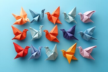 Colorful origami birds flying on light blue background