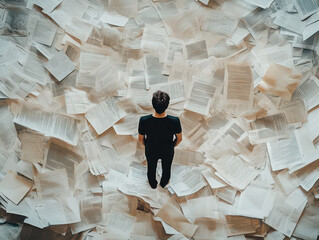 Overwhelmed man standing in a sea of scattered documents and papers, contemplating work overload.