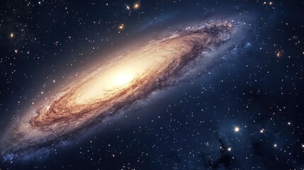 Obraz premium A faint, faraway galaxy with subtle light shining from its core, surrounded by the vast emptiness of space and distant constellations