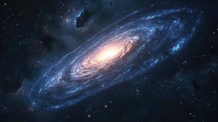 Fototapeta premium A faraway spiral galaxy illuminated faintly, with its light softly diffused by interstellar dust, creating a dreamlike and mysterious cosmic view