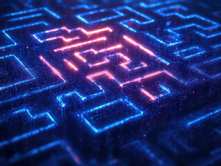 Glowing neon blue and pink maze pattern, representing a futuristic digital circuit design.