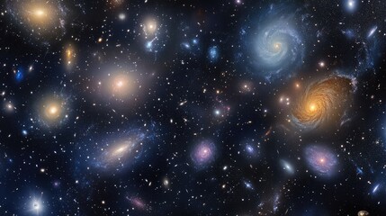 Obraz premium A breathtaking view of a galaxy cluster, with spirals, ellipticals, and irregular galaxies scattered across the dark expanse of space
