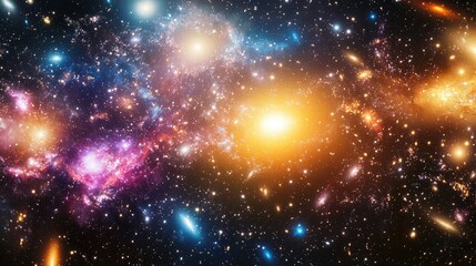 Fototapeta premium A dense galaxy cluster, with bright cores of light glowing from multiple galaxies, creating an intricate and dynamic cosmic pattern