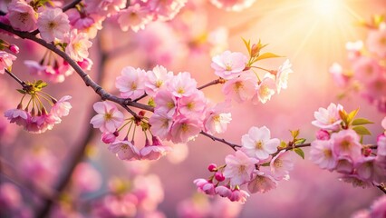 Obraz premium A delicate cherry blossom tree in full bloom against a soft pink background with subtle morning light filtering through the branches, blooming tree, pink flowers
