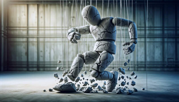 A marionette figure made of stone, crumbling slightly as it is pulled by strings from above