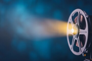  Classic Film Projector with Light Beam on Dark Background