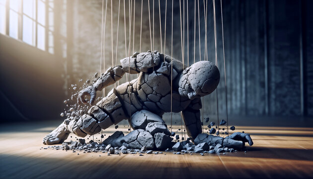 A marionette figure made of stone, crumbling slightly as it is pulled by strings from above