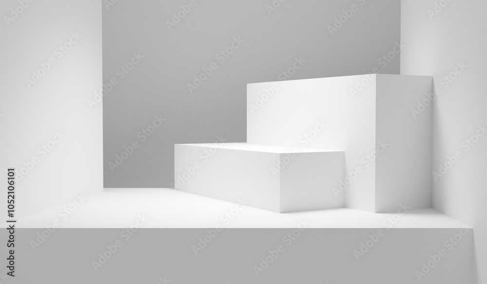 Fototapete White geometric forms abstract background. White forms table empty copy space abstract display illuminated with spotlights - best place for products and background. White room table bright design