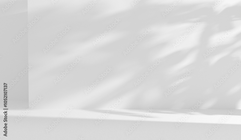Aufkleber White wall in studio room with sunlight and shadows, empty minimalistic wall room abstract background gray template display copy space