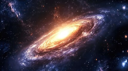 Obraz premium A glowing galaxy in the center of a dark cosmic void, with its spirals stretching out into the infinite blackness of space