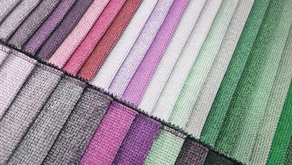 multi colored of upholstery fabric samples arranged in row for furniture furnishing, close up view. variety color of drapery fabric for selection.