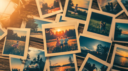 A collection of vintage photographs capturing sunset moments of family joy, nature, and classic cars, evoking nostalgia and cherished memories