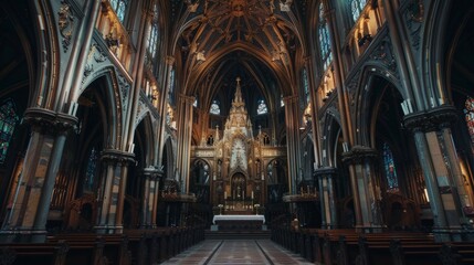 Obraz premium Gothic Revival Sanctuary, expansive interior showcasing soaring ceilings, intricate wood carvings, guiding the eye toward a magnificent grand altar at the heart of worship.