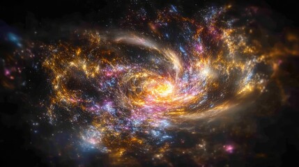 A dramatic scene of galaxy formation, with colorful nebulae and stardust spiraling together to form the beginnings of a new galaxy