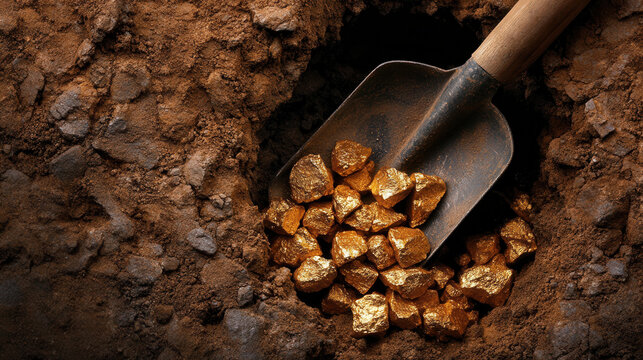 close up of shovel digging into earth, revealing shiny gold nuggets nestled in soil, showcasing excitement of gold mining
