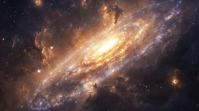 A galaxy in its formative stages, with bright stars igniting within swirling clouds of dust and gas, slowly forming a distinct galactic structure