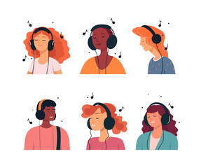 People listen music with headphones. Cartoon happy young teenagers listening to music, persons using earphones.