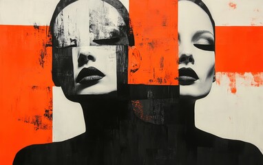 Abstract artwork featuring dual-faced figures on a bold orange backdrop.