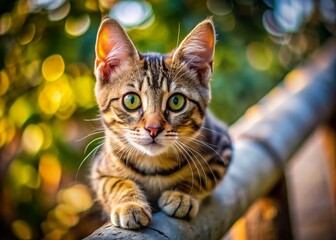Fototapeta premium Young Tabby Cat Looking Down in Candid Photography - Adorable Feline Moment Captured