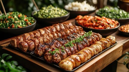 Obraz premium elegant indoor setting of a buffet table laden with grilled meats and colorful dishes, filled with happy guests savoring the delicious spread, creating an inviting atmosphere