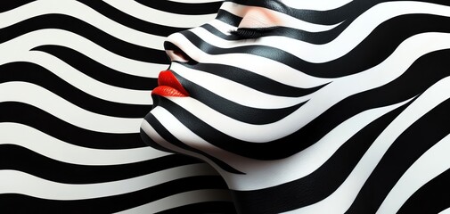 Artistic face with black and white stripes and bold red lips.