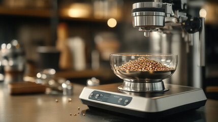 close up of gold scale weighing precious metal, showcasing intricate details of scale and shimmering gold beads. setting is warm and inviting, perfect for jewelry workshop