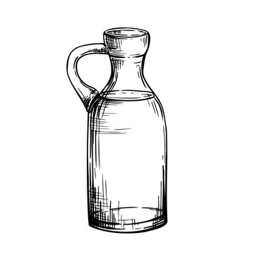recommend clip art: Glass bottle, carafe with olive oil, liquid, water. Cooking oil or fat food vegetable sauce. Black and white vector hand drawn illustration for product label, menus. Isolated line art from background.