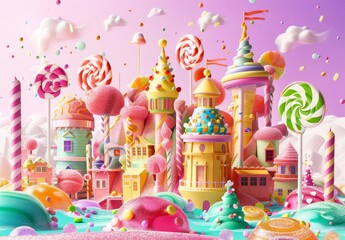 Whimsical Candy Land with Colorful Architecture and Charming Characters.
