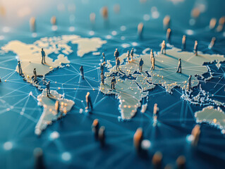Global network concept with miniature people on a world map, connected by digital lines.