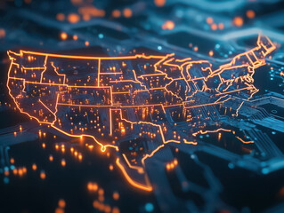 Futuristic digital map of the United States with glowing circuitry design.