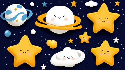 Naklejka premium A whimsical depiction of smiling planets and stars against a dark background, evoking a playful cosmic atmosphere.