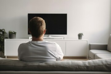 Fototapeta premium Man holding remote control and watching TV sitting room television.