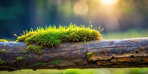 Fototapeta premium A delicate sprig of moss clings to the edge of a wooden log, its tiny leaves and stems swaying gently in the breeze, forest floor, nature, botanical, outdoor, foliage