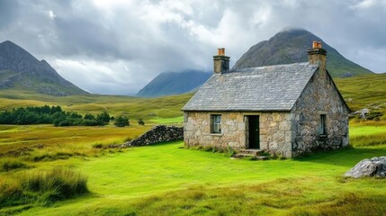 Fototapeta premium An isolated stone house on a grassy hillside, with panoramic mountain views under a cloudy sky, creating a feeling of tranquility.