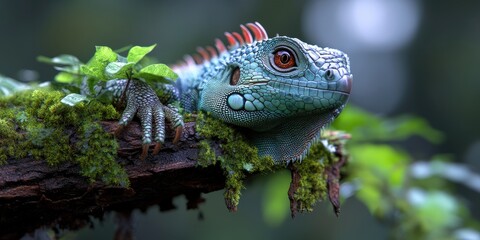 Obraz premium Green Iguana Closeup on Mossy Branch in Lush Rainforest