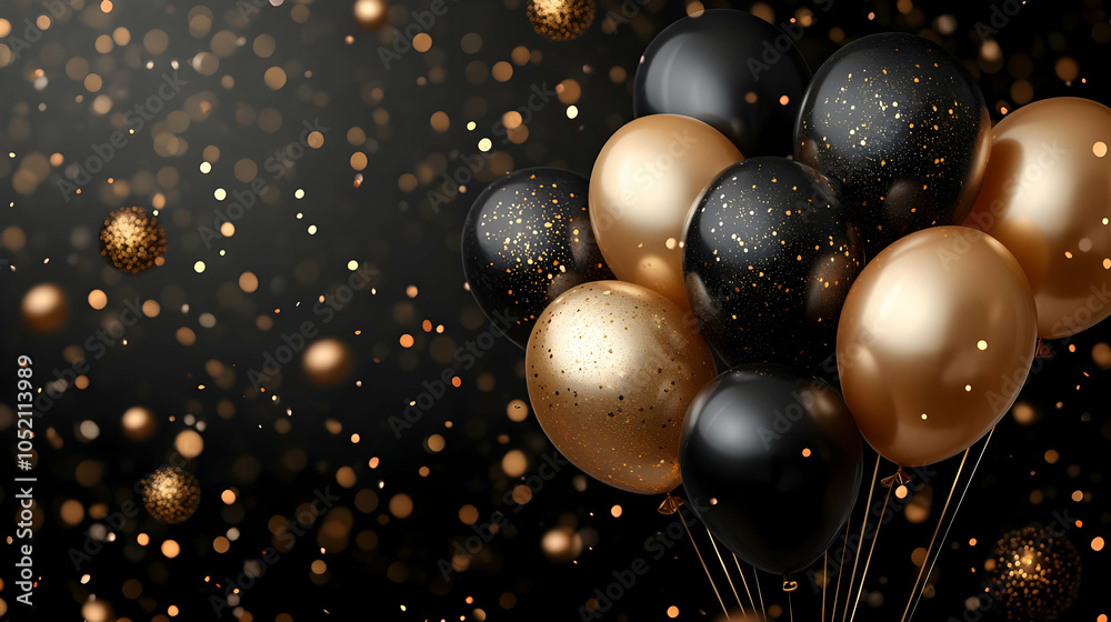 Canvas Prints Golden and Black Balloons with Confetti on a Black Background 3D Illustration