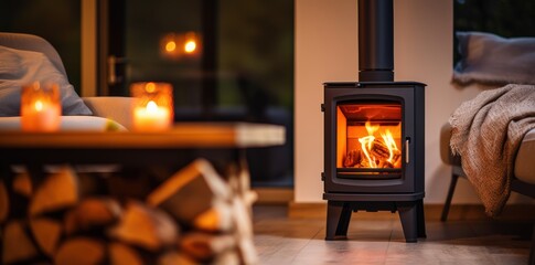 Firewood logs stacked neatly beside a wood-burning stove, with the warm firelight reflecting on the metal surface