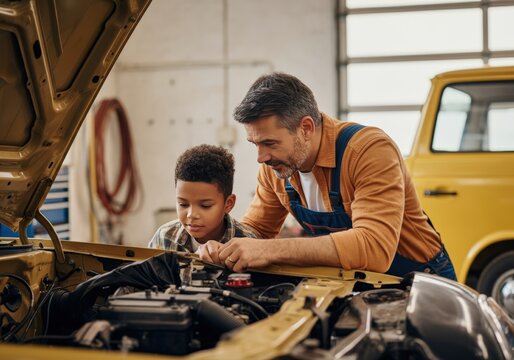 Father and Son Working on a Classic Car in a Garage