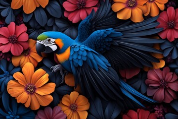 Fototapeta premium a 2D cartoon illustration of a parrot flapping its wings surrounded by colorful flowers white background