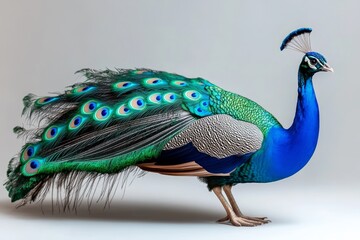 Fototapeta premium a 2D cartoon illustration of a peacock spreading its colorful feathers elegant and lively white background