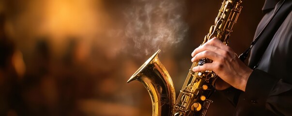 Obraz premium A close-up of a saxophone being played, capturing the essence of jazz music with a backdrop of soft lights and smoke.
