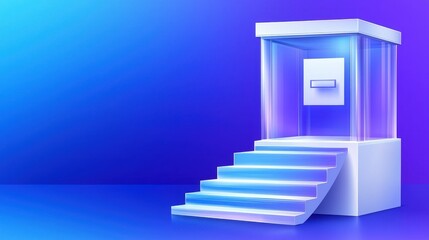 Obraz premium A sleek, modern display pedestal features a glass enclosure and illuminated stairs, set against a vibrant blue background.