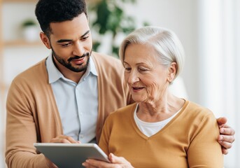 Young Man Helping Senior Woman With Tablet