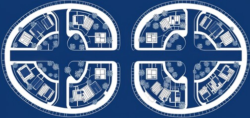 Blueprint of urban planning design with marked zones, residential, commercial, industrial, detailed transport routes, parks, technical city design