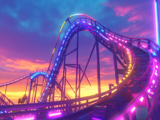 Obraz premium Vibrant roller coaster with neon lights against a stunning sunset sky, creating an exhilarating atmosphere.
