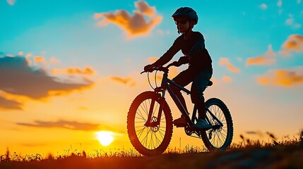 Obraz premium Silhouette of Cyclist Riding Bike at Sunset